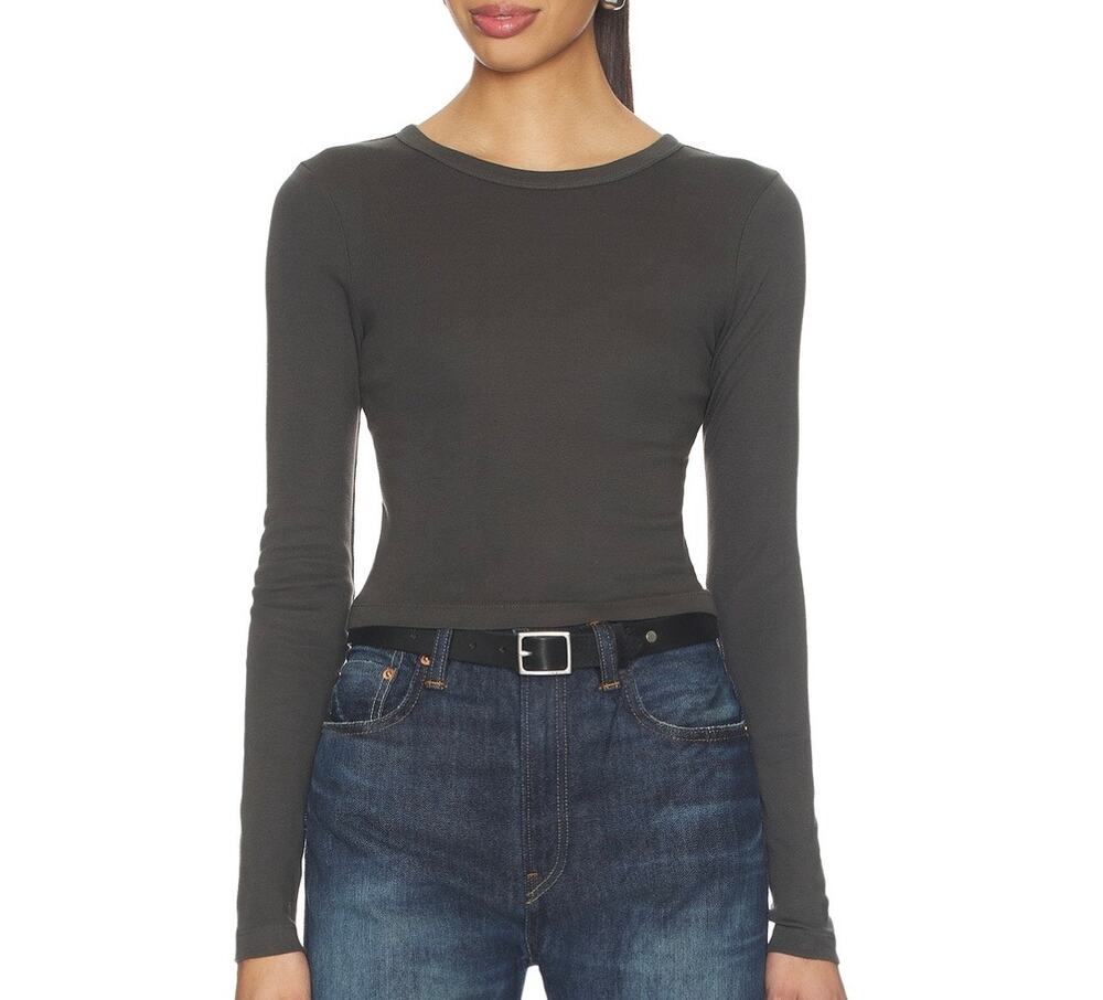 NIB Enza Costa Supima Baby Long Sleeve Cropped Top in Slate